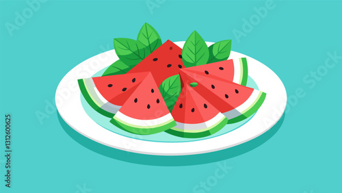 Slices of refreshing watermelon topped with crumbled feta cheese and fresh mint leaves for a sweet and savory summer snack.. Vector illustration