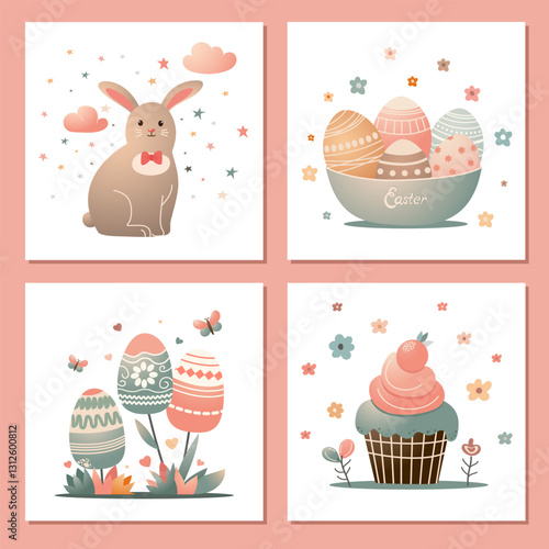 beautiful set of four easter cards with cute rabbit, eggs, easter cake in soft gradient. group of vector easter arts