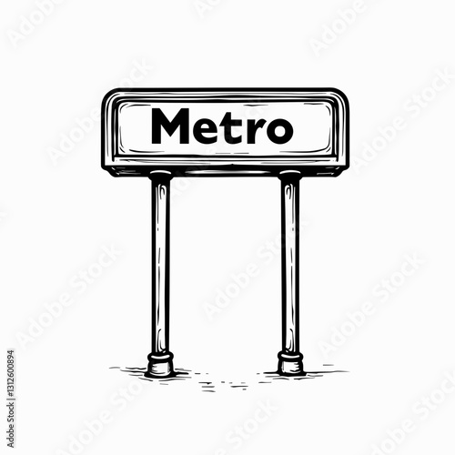 Metro sign in black and white illustration