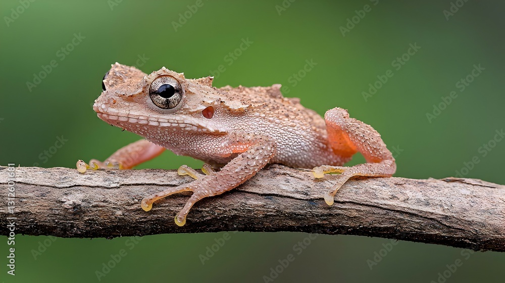 Obraz premium Small Light Brown Frog Perched on a Gray Branch Against a Green Background