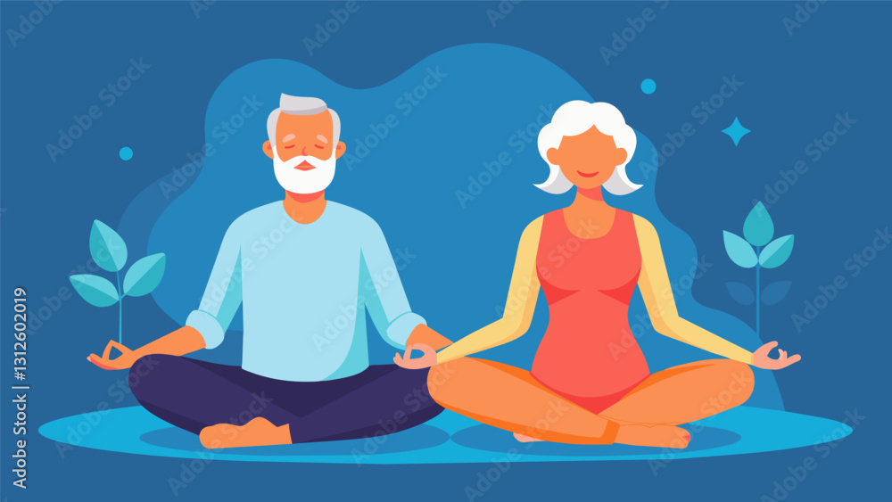 An older couple practices mindful breathing exercises together in therapy learning to reconnect and find peace in the present moment.. Vector illustration An older couple practices mindful breathing exercises together in therapy learning to reconnect and find peace in the present moment.. Vector illustration