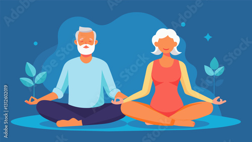 An older couple practices mindful breathing exercises together in therapy learning to reconnect and find peace in the present moment.. Vector illustration