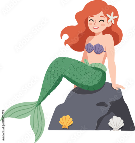 Cheerful mermaid sitting on a rock with seashells in a minimal flat design vector illustration