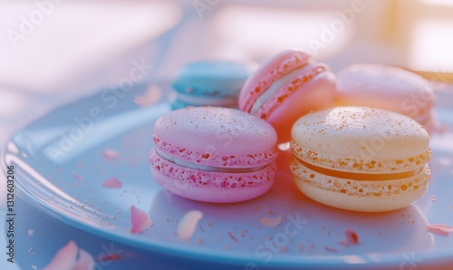 Close-up of colorful macarons neatly arranged on a ceramic plate, soft natural light enhancing the delicate textures, clean and appetizing, sharp and vibrant