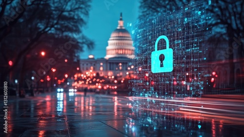 Government building exterior. Concept of cyber security to protect confidential information, padlock hologram