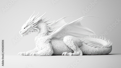 White Dragon 3D Render:  A Majestic Mythical Creature in Minimalist Setting