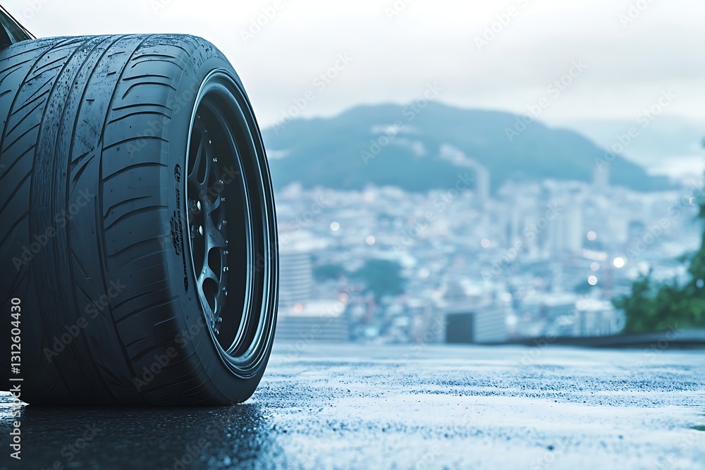 Close-up of a Modern Tire on Wet Asphalt with City View Close-up of a Modern Tire on Wet Asphalt with City View