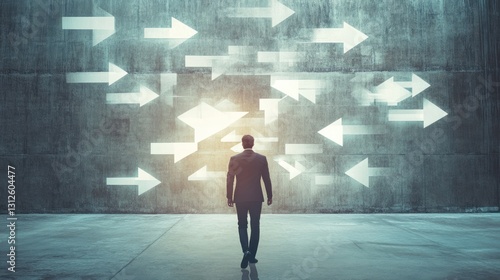 A Man Walks Towards Many Arrows Pointing In Different Directions