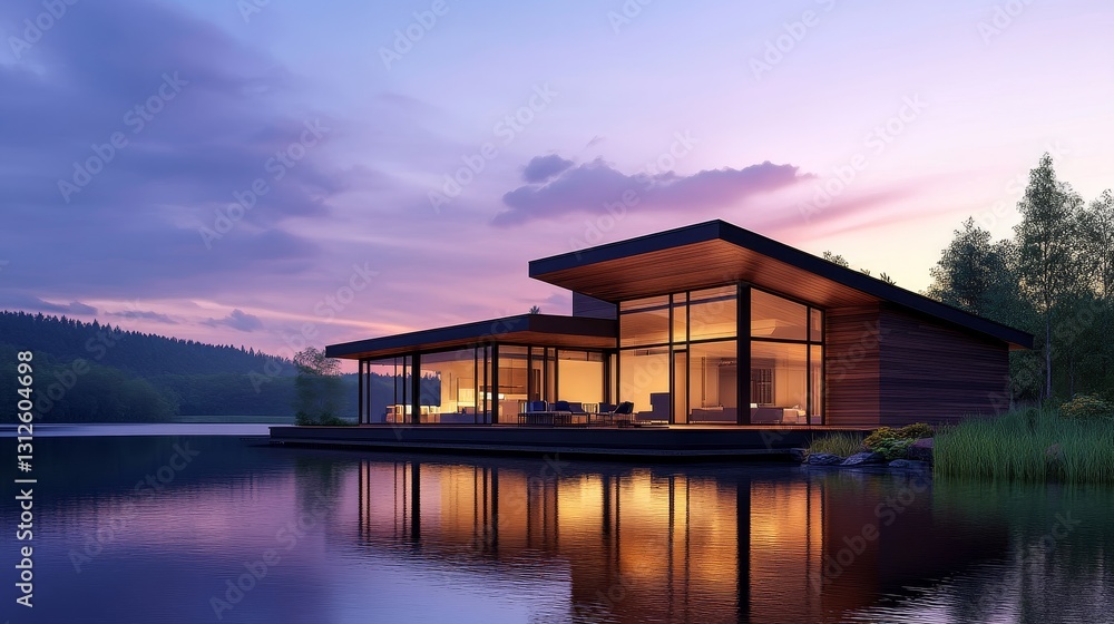 Modern lakeside house at sunset with reflections, surrounded by nature and serene landscape Modern lakeside house at sunset with reflections, surrounded by nature and serene landscape