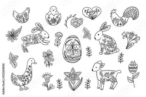 Hand drawn Easter folk doodles with decorative animals, floral elements, and an ornate egg in a black and white style, perfect for coloring pages, festive designs, and traditional art
