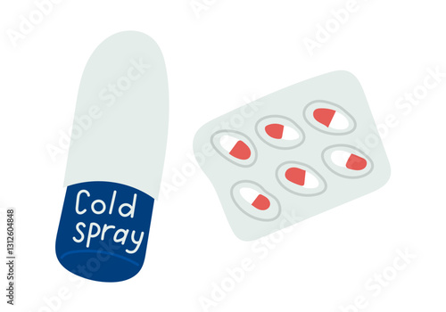 Cold spray and blister pack of pills in a simple flat illustration style, representing medical treatment for colds, flu, and sore throat relief, perfect for healthcare and pharmaceutical designs