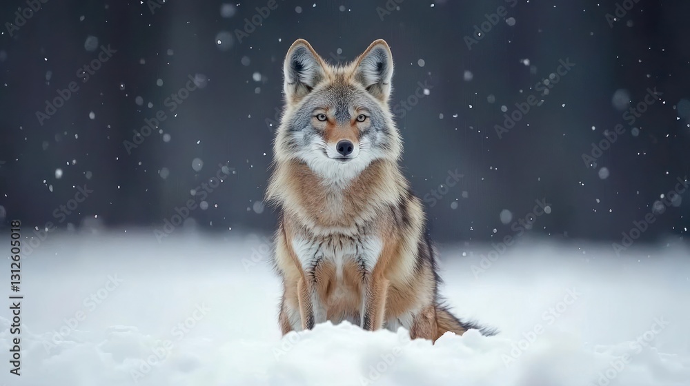 Fototapeta premium Coyote Sitting in Snowy Forest During Winter