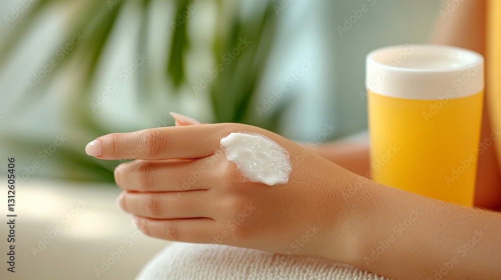 custom made wallpaper toronto digitalClose-up of a woman's hand with moisturizing cream applied, next to a glass of fresh orange juice, creating a relaxing and natural self-care moment.  
