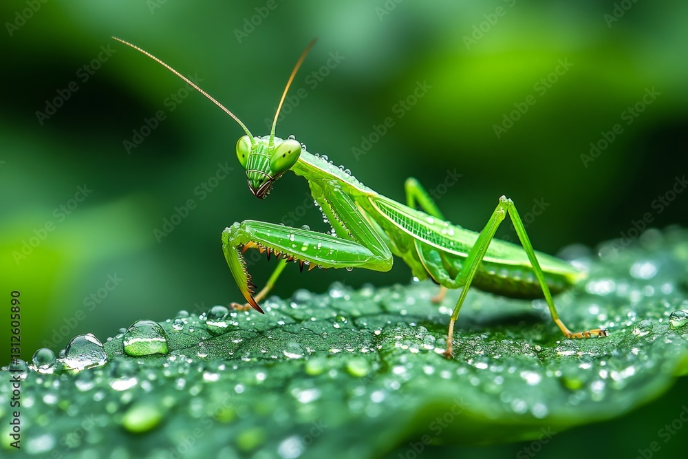 Praying mantis standing on wet green leaf in lush green environment Praying mantis standing on wet green leaf in lush green environment