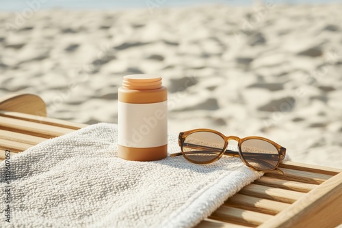 A bottle of sunscreen and a pair of sunglasses rest on a white towel on the sandy beach. A stylish and essential summer skincare and sun protection concept.  
