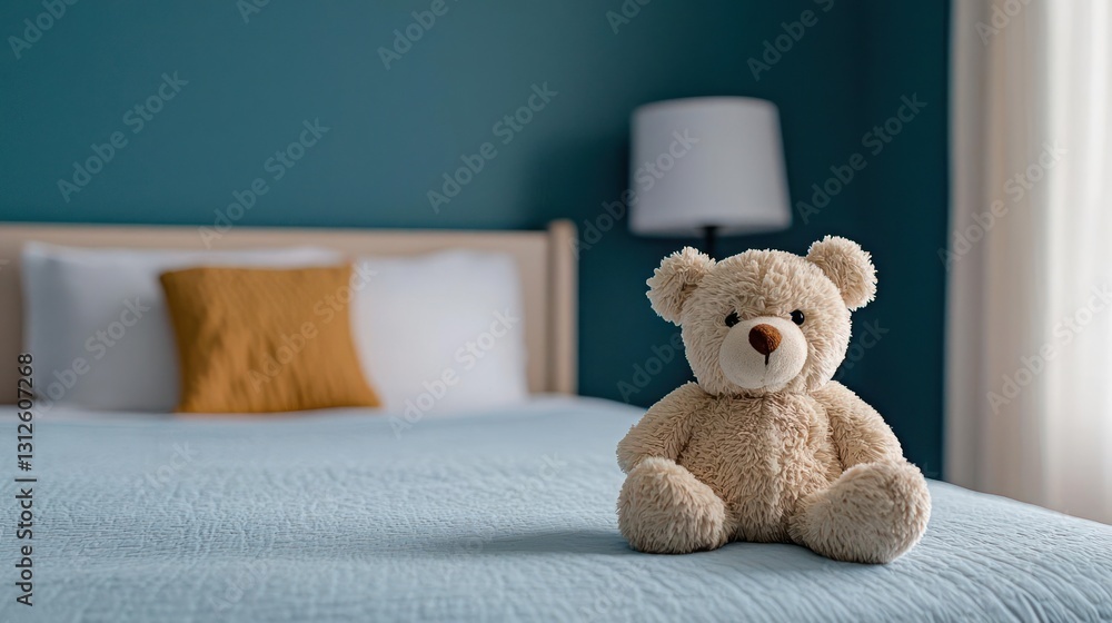 Beige Teddy Bear on Blue Bed in Child's Room Beige Teddy Bear on Blue Bed in Child's Room