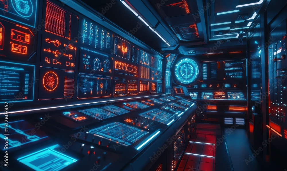 High-tech control room with glowing blue and red panels, showcasing a futuristic environment filled with advanced systems and displays . High-tech control room with glowing blue and red panels, showcasing a futuristic environment filled with advanced systems and displays .