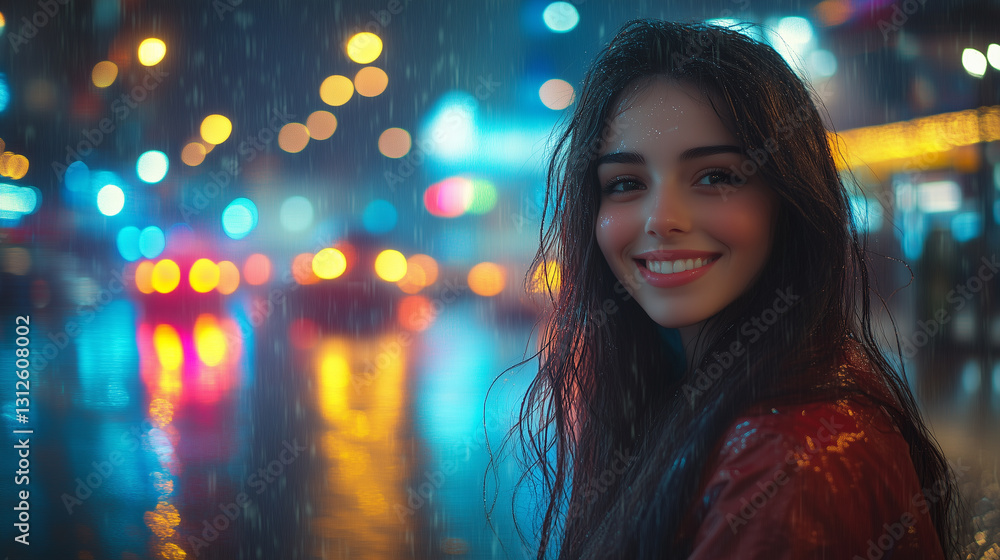 A young girl with a shining smile stands in the rain against the backdrop of a metropolis, dressed in a warm jacket.. A young girl with a shining smile stands in the rain against the backdrop of a metropolis, dressed in a warm jacket..