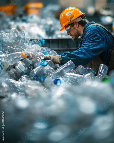 Recycling worker sorting plastic bottles at a waste management facility, focusing on environmental sustainability and recycling efforts