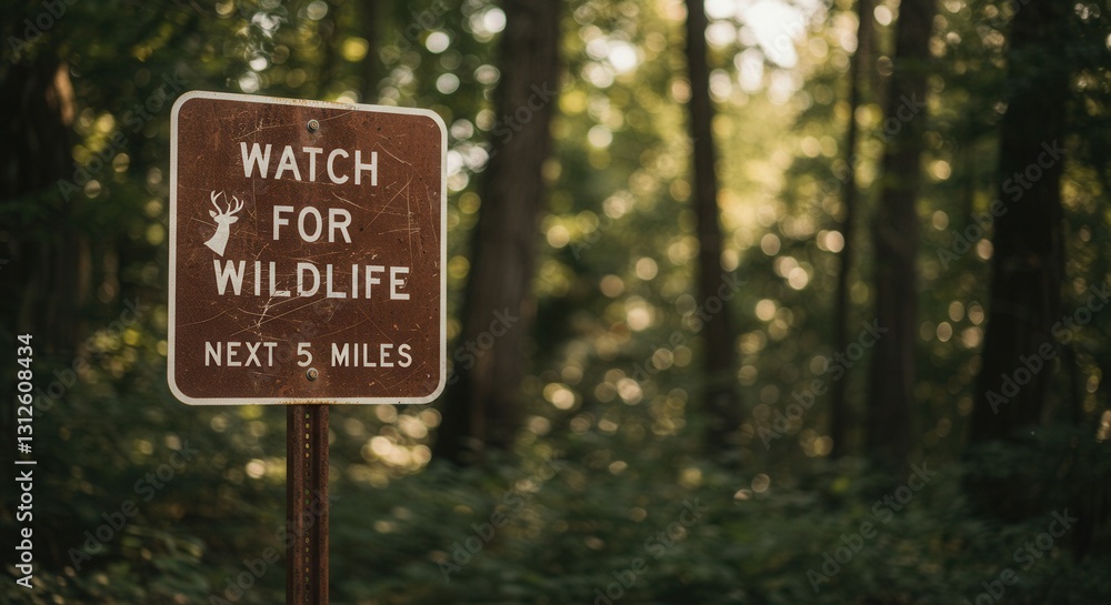 Watch for Wildlife Sign in Forest Warning About Next 5 Miles Watch for Wildlife Sign in Forest Warning About Next 5 Miles
