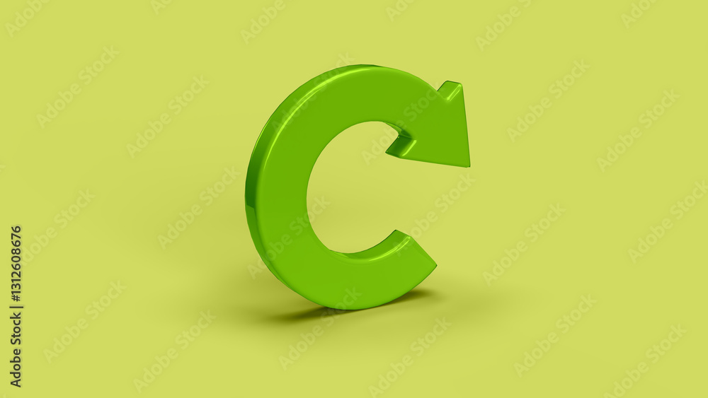 green 3D circular arrow icon on backdrop, left view green 3D circular arrow icon on backdrop, left view