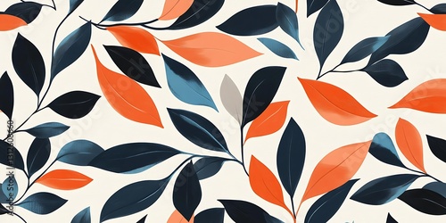 Seamless pattern of stylized leaves in shades of orange and dark blue on a cream background