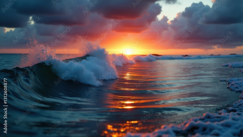 Euphoric twilight arises when golden sunset meets majestic ocean in a vibrant, silent union