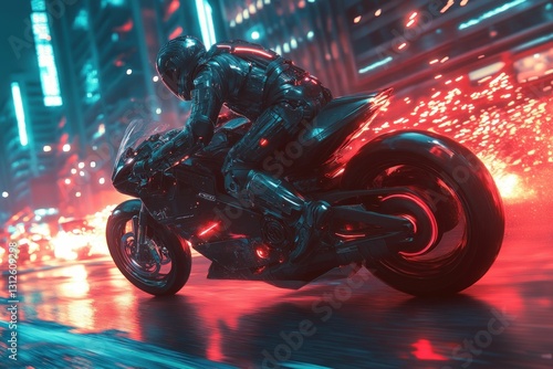 Futuristic motorcycle speeding neon city night