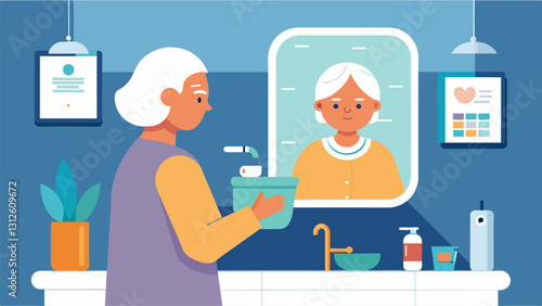 An elderly woman in her bathroom using a smart mirror to remind her of her daily medication schedule and health stats.. Vector illustration