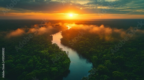 Golden sunset over lush rainforest river