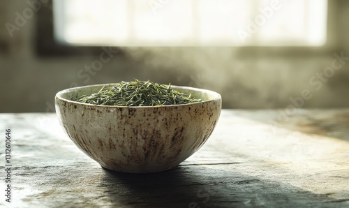 Rustic ceramic bowl filled with loose-leaf green tea, soft natural light highlighting its earthy textures and creating a calming composition