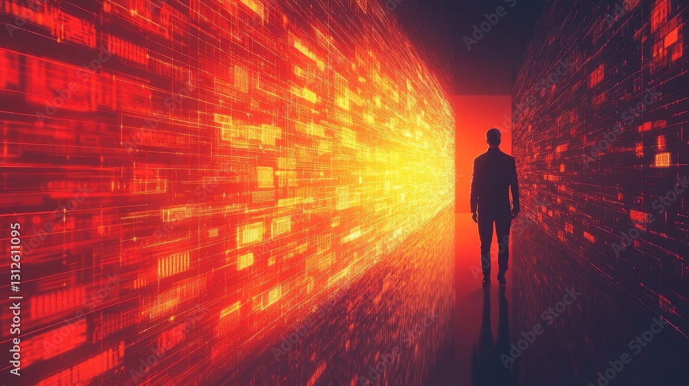 Man going towards digital privacy lock, securing data on Data Privacy Day Man going towards digital privacy lock, securing data on Data Privacy Day