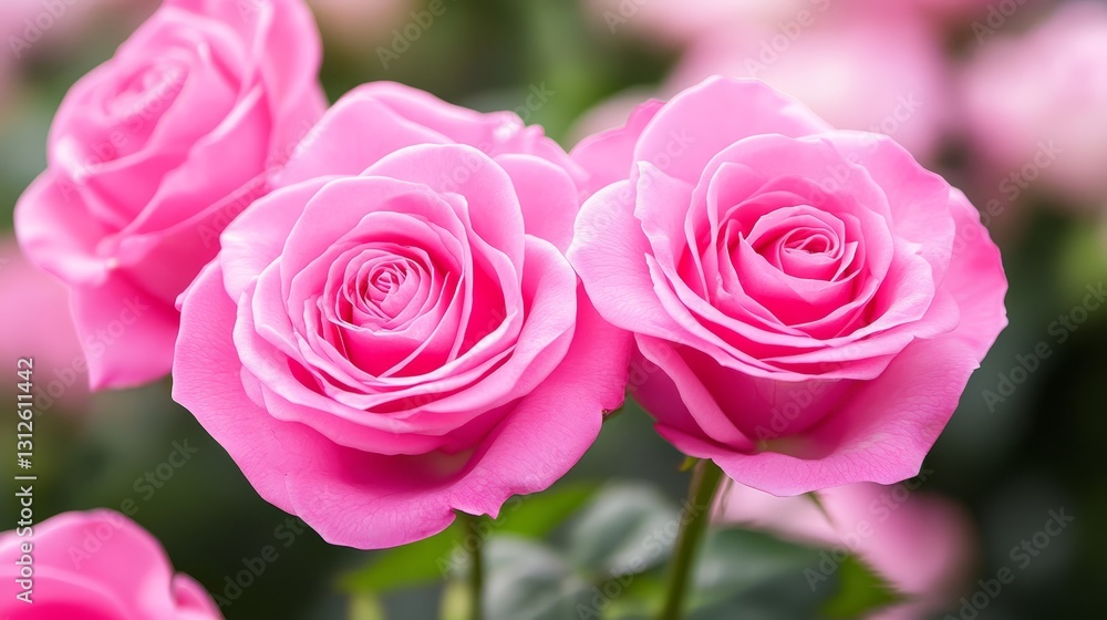 Close-up of vibrant pink roses blooming in a lush garden, symbolizing love and beauty Close-up of vibrant pink roses blooming in a lush garden, symbolizing love and beauty