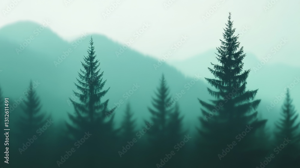 Fototapeta premium Serene forest landscape with tall evergreen trees against a misty mountain backdrop at dawn