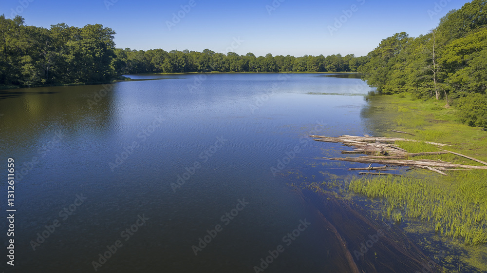 Serene forest lake reflects clear blue sky and vibrant greenery in tranquil natural setting Serene forest lake reflects clear blue sky and vibrant greenery in tranquil natural setting