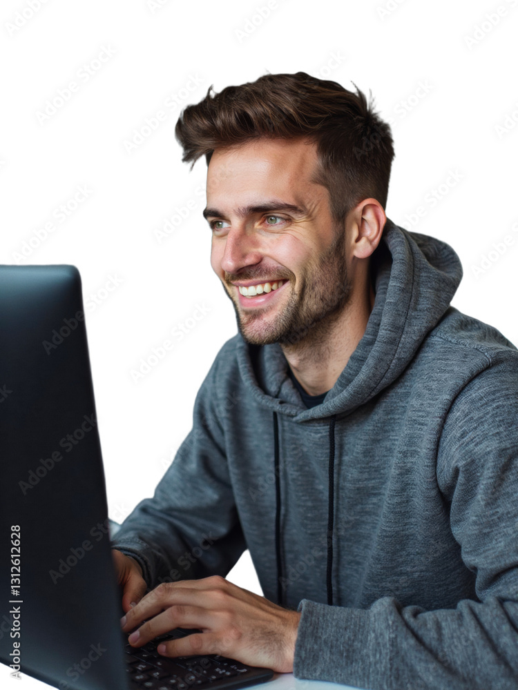 Man in gray hoodie smiling at computer Isolated on white or transparent png. Man in gray hoodie smiling at computer Isolated on white or transparent png.