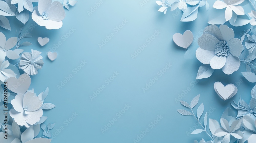 Elegant Paper Art Floral Design with Heart Motifs on a Soft Blue Background Elegant Paper Art Floral Design with Heart Motifs on a Soft Blue Background