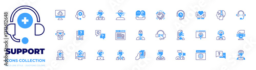 Support icon collection. Bold line style. Duotone colors. client support, hours support, online support, question, call center, telemarketer, support