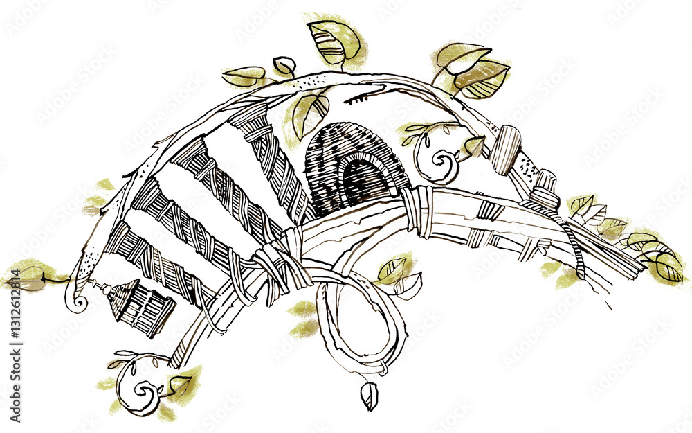 Obraz premium Graphic watercolor illustration branch with nest. With spring leaves.