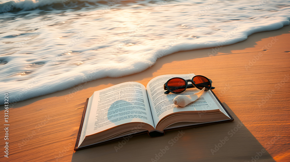 Hardcover Book Mockup on Beach | Dreamy Ocean Scene with Seashell and Sunglasses Hardcover Book Mockup on Beach | Dreamy Ocean Scene with Seashell and Sunglasses