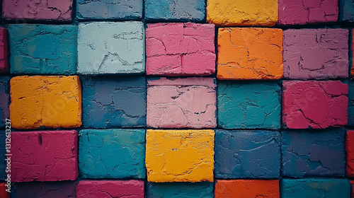 Colorful textured wall composed of painted bricks in vibrant hues displayed in a grid pattern