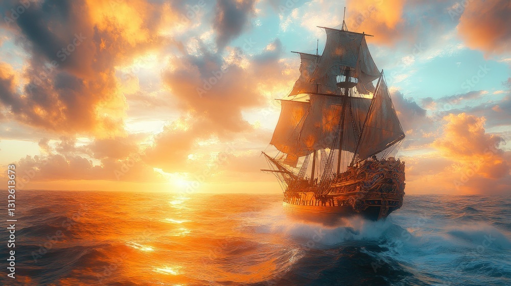 Obraz premium Golden sunset, majestic sailing ship ocean voyage.