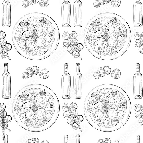 vector seamless pattern line art elements - food, pizza, tomatoes, onions, wine