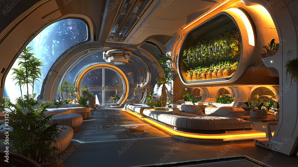 Fototapeta premium Advanced space colony on a space station with multi-level living quarters, space farms, and a panoramic view of the universe