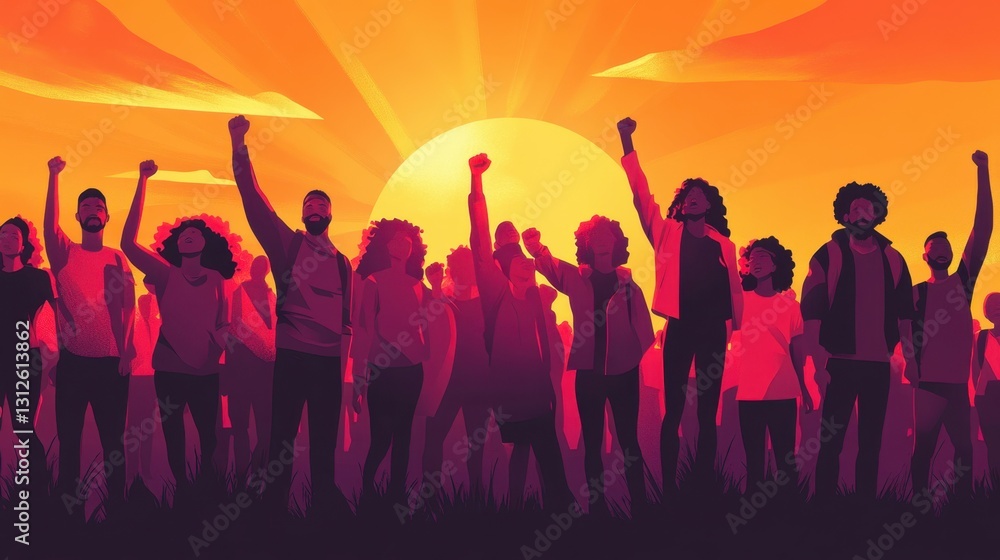 As the sun sets, a diverse group of people stands together, raising their fists in a show of unity and determination for social justice and equality As the sun sets, a diverse group of people stands together, raising their fists in a show of unity and determination for social justice and equality