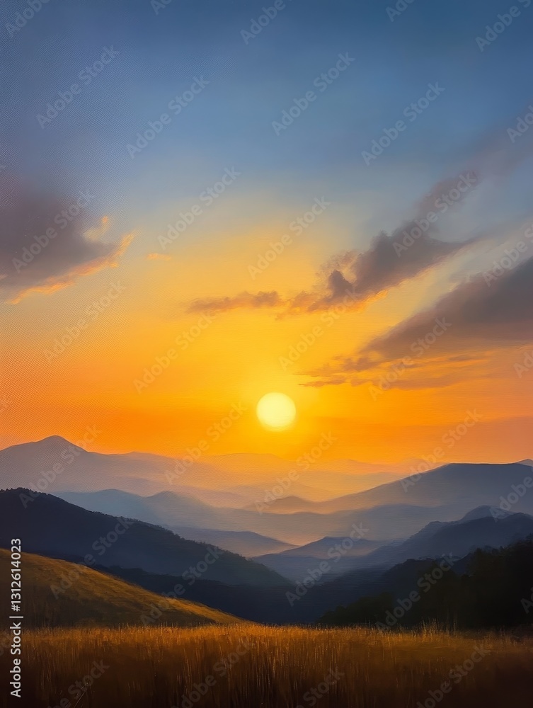 Fototapeta premium Majestic Sunset Over Rolling Hills - Serene sunset view over layers of mountains and a field of golden wheat, vibrant colors, peaceful atmosphere
