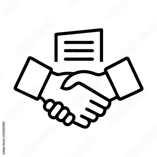 Two hands shaking over a contract icon representing agreement and business deal