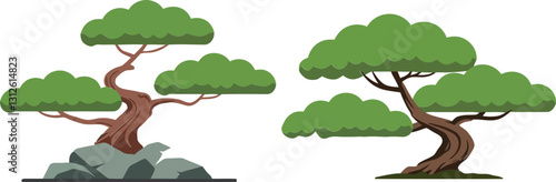 Two artistic bonsai trees, one on rocks and another with lush foliage, in a flat design style, showcasing harmony in nature, vector illustration