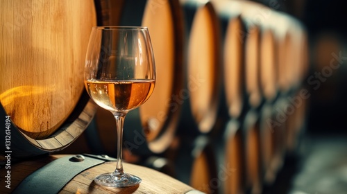 A single wine glass sits near a barrel of aged wine