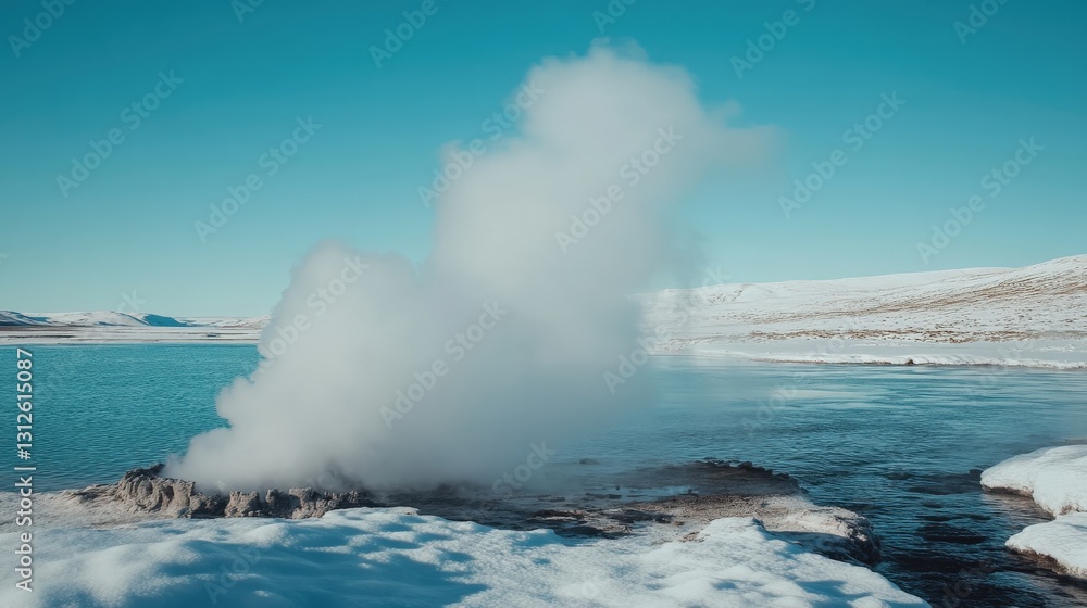 Obraz premium Steam rising from geothermal hot springs near a frozen lake under a clear blue sky